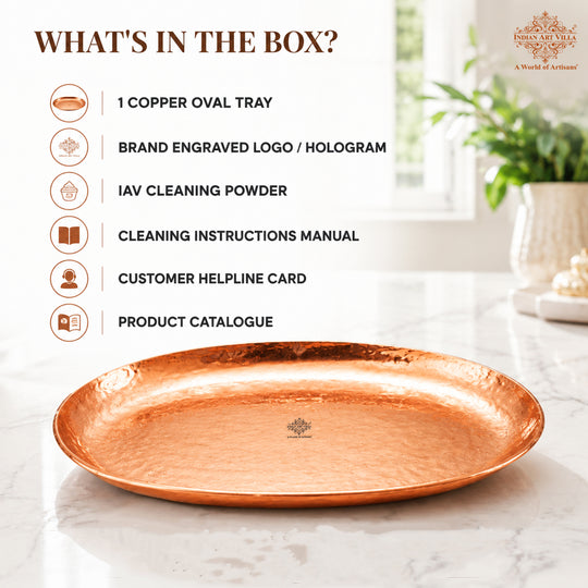 Pure copper oval tray hammered angle view — Indian Art Villa
