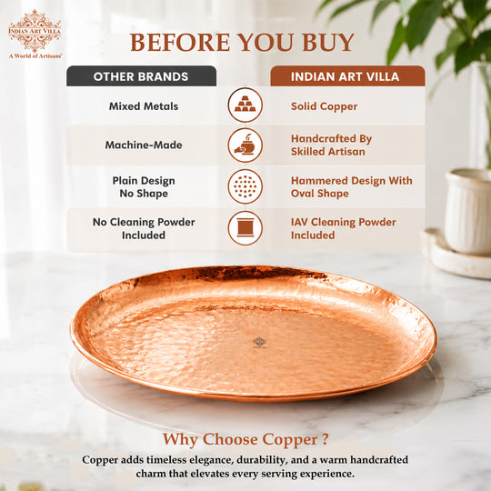 Pure copper oval tray hammered close-up — Indian Art Villa