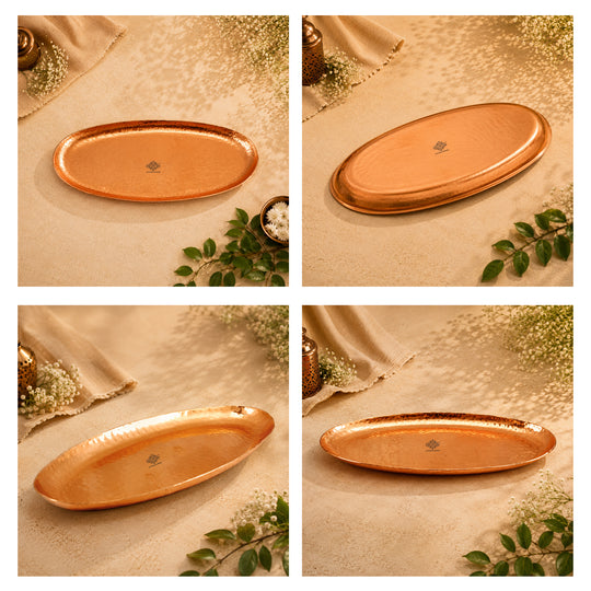 Pure copper oval tray hammered design side view — Indian Art Villa