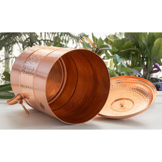 5 litre round copper matka with tap and stand – spherical tamba matka on iron stand with brass tap – 5 liter copper water pot with stand