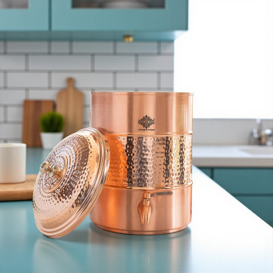 Copper water pot showing large body elevated – copper water pot with stand