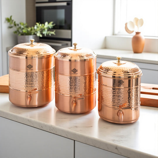 5 litre round tamba matka with stand set in retail packaging – copper matka 5 litre price