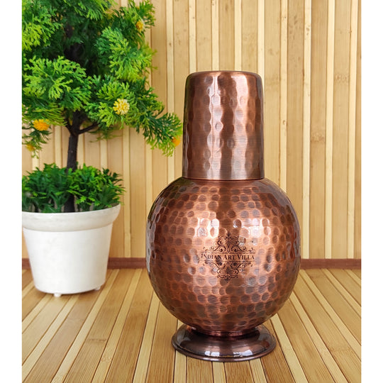 Handcrafted Pure Copper Surai Water Bottle with Inbuilt Glass and Dark Finish – 700ml Ayurvedic Use by Indian Art Villa
