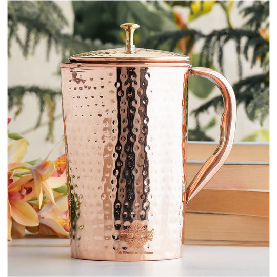 Indian Art Villa 1000ML Hammered Copper Jug with Lid Brass Knob Antique Finish Ayurvedic Water Pitcher
