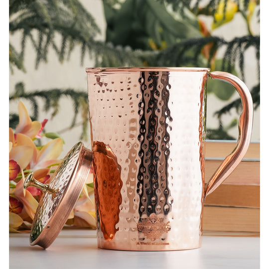 Pure Copper Hammered Antique Design Jug, Pitcher with Brass Knob on Lid