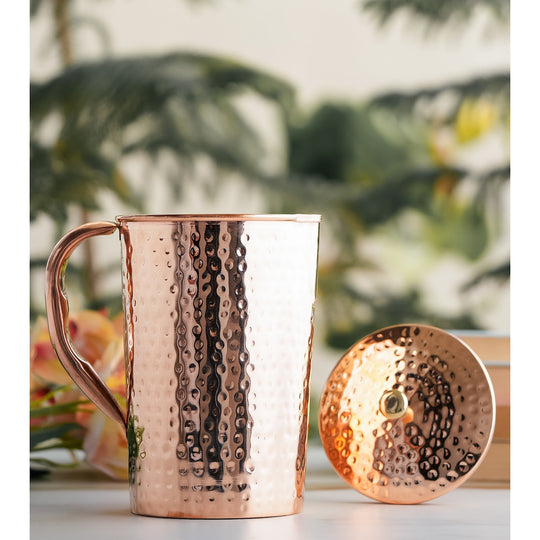 Indian Art Villa 1000ML Hammered Copper Jug with Lid Brass Knob Antique Finish Ayurvedic Water Pitcher
