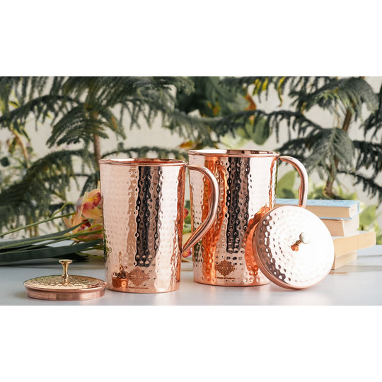 Pure Copper Hammered Antique Design Jug, Pitcher with Brass Knob on Lid