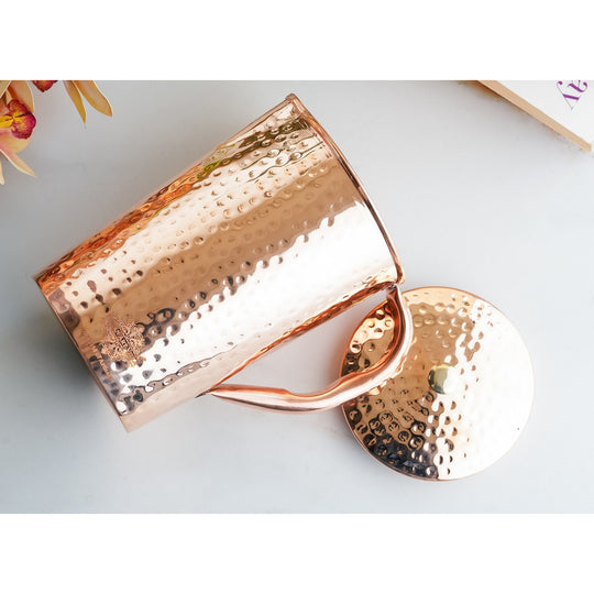 Indian Art Villa 1000ML Hammered Copper Jug with Lid Brass Knob Antique Finish Ayurvedic Water Pitcher
