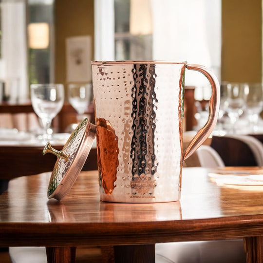 Pure Copper Hammered Antique Design Jug, Pitcher with Brass Knob on Lid