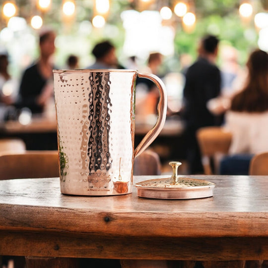 Pure Copper Hammered Antique Design Jug, Pitcher with Brass Knob on Lid