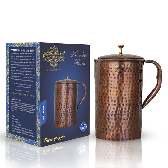 Dark Hammered Antique tamba Jug 1000ML Handcrafted Pitcher with Brass Lid by Indian Art Villa