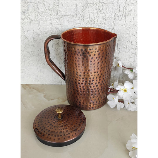 Pure Copper Hammered Antique Design Jug, Pitcher with Brass Knob on Lid