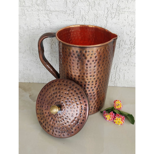 Dark Hammered Antique tamba Jug 1000ML Handcrafted Pitcher with Brass Lid by Indian Art Villa