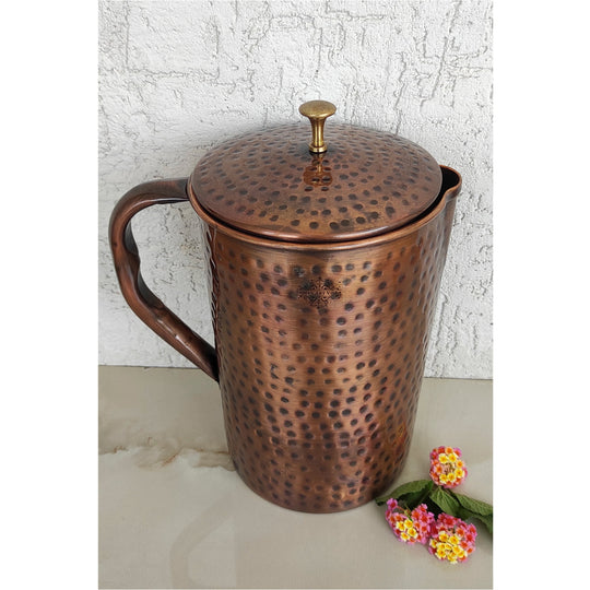 Dark Hammered Antique tamba Jug 1500ML Handcrafted Pitcher with Brass Lid by Indian Art Villa