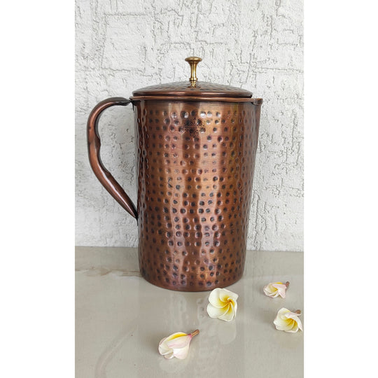 Pure Copper Hammered Antique Design Jug, Pitcher with Brass Knob on Lid