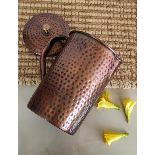 Pure Copper Hammered Antique Design Jug, Pitcher with Brass Knob on Lid