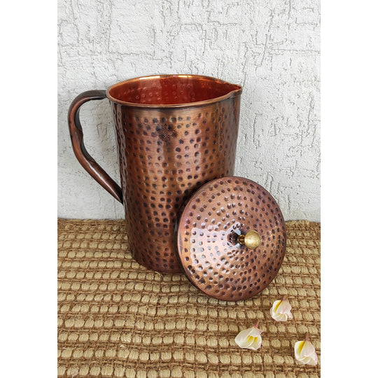 Pure Copper Hammered Antique Design Jug, Pitcher with Brass Knob on Lid