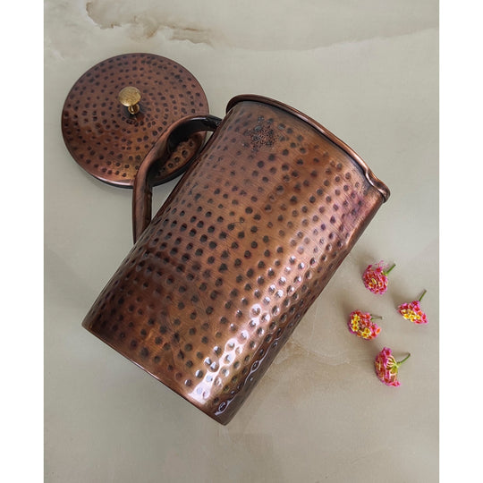 Pure Copper Hammered Antique Design Jug, Pitcher with Brass Knob on Lid
