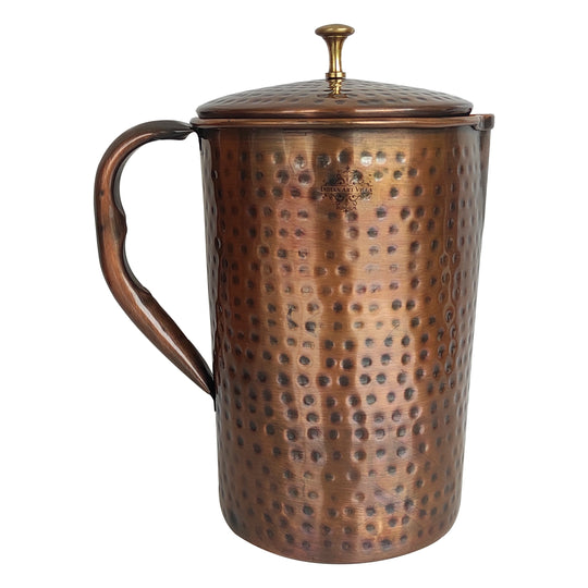 Pure Copper Hammered Antique Design Jug, Pitcher with Brass Knob on Lid