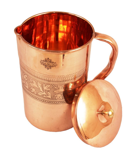 Traditional copper vessel for water storage 1000ML with embossed floral design and brass lid handcrafted by Indian Art Villa