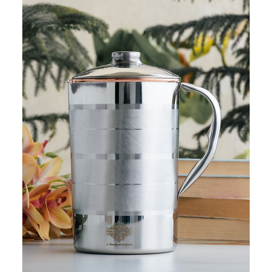 Steel copper water jug 1000ml with luxury striped design and lid for home, office, dining, by Indian Art Villa