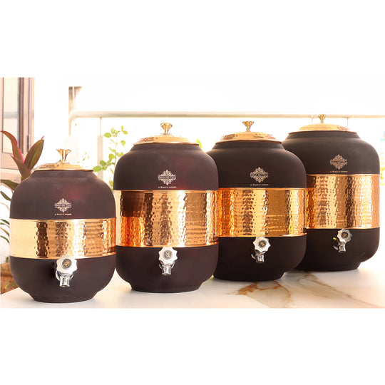 5 litre embossed copper matka with stand in retail packaging – copper water pot with stand