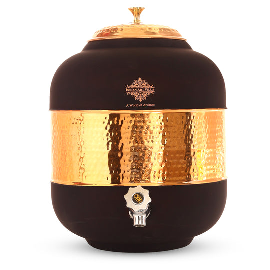 Side shot of 5L embossed copper pot on stand showing full assembled set – copper water pot with stand