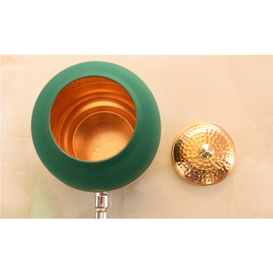 5 litre plain copper matka with tap and iron stand – simple tamba matka with tap on stand for tabletop serving – 5 liter copper water pot with stand