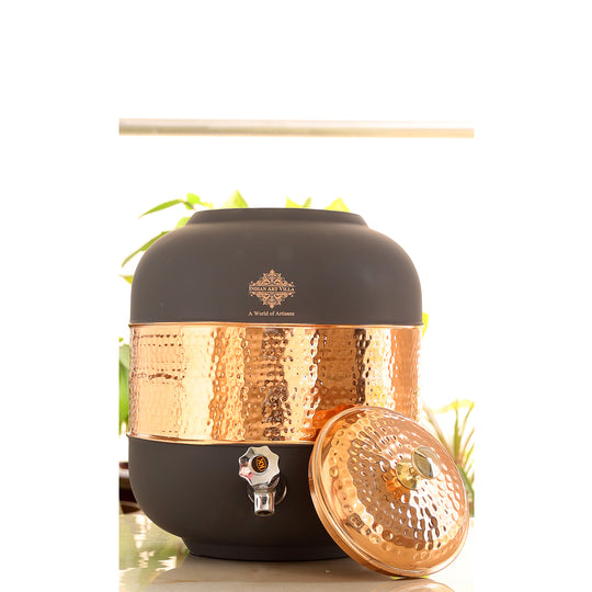 5 litre plain copper matka with tap on office desk as drinking water station – copper water dispenser