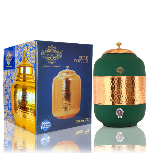 Side angle of 5L copper matka with tap on stand showing assembled set and brass tap outlet – copper water pot with stand