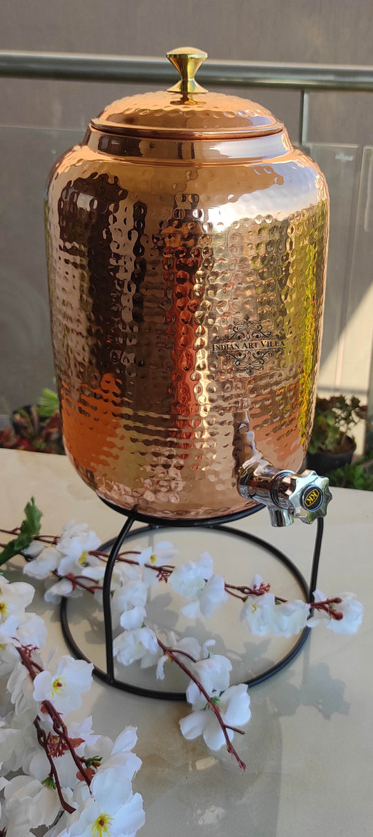 5 litre plain copper matka with black powder-coated iron stand – tamba matka with stand set for table display