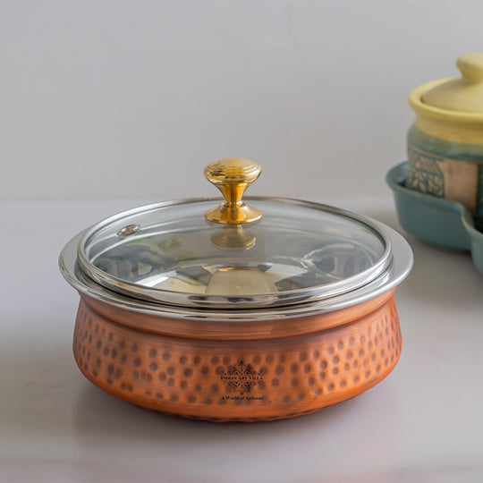 Steel Copper Hammered Serving Handi with Glass Lid & brass Knob