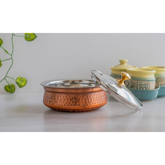 Steel Copper Hammered Serving Handi with Glass Lid & brass Knob