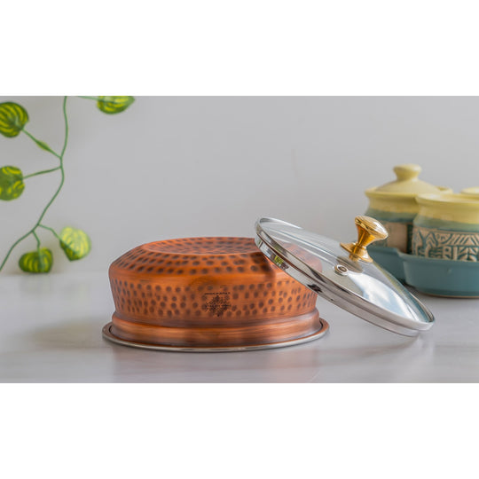 Steel Copper Hammered Serving Handi with Glass Lid & brass Knob