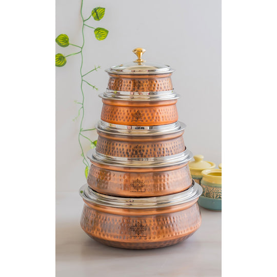 Steel Copper Hammered Serving Handi with Glass Lid & brass Knob