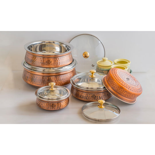 Steel Copper Hammered Serving Handi with Glass Lid & brass Knob