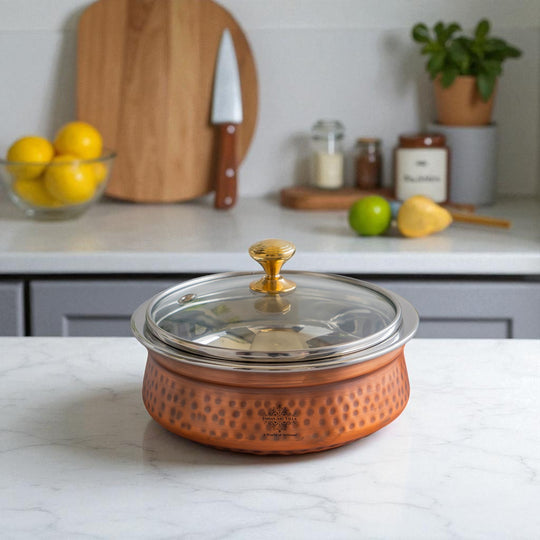 Steel Copper Hammered Serving Handi with Glass Lid & brass Knob