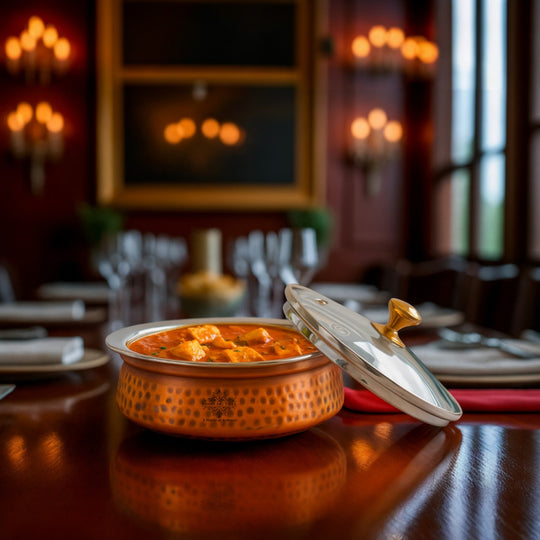 Steel Copper Hammered Serving Handi with Glass Lid & brass Knob