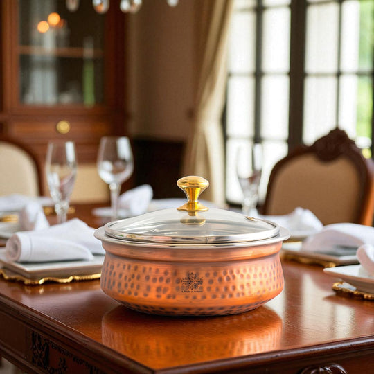 Steel Copper Hammered Serving Handi with Glass Lid & brass Knob