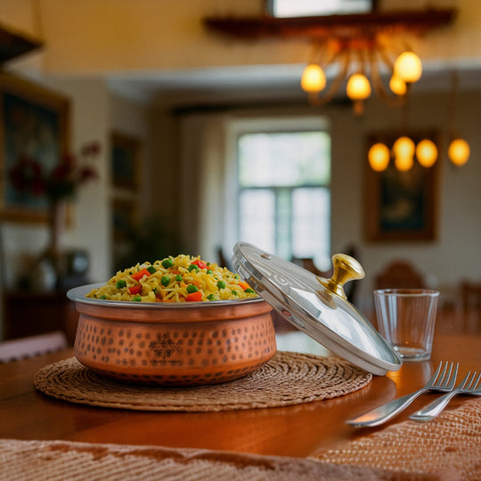 Steel Copper Hammered Serving Handi with Glass Lid & brass Knob