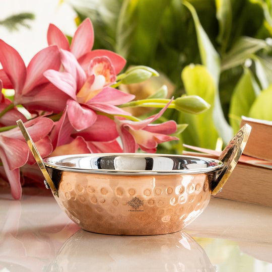 Steel Copper Hammered Design Kadhai - Elegant Serveware with Brass Handles