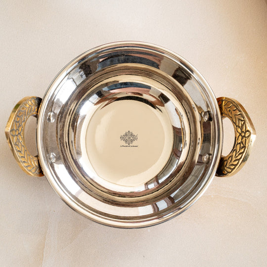 Steel copper hammered design kadhai with brass handles by Indian Art Villa