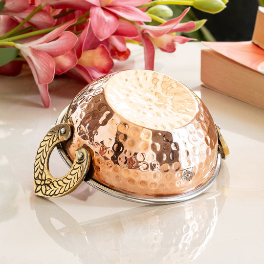 Steel copper hammered kadhai with brass handles by Indian Art Villa elegant serveware