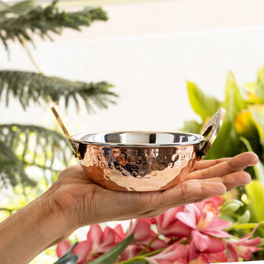 Hammered steel copper kadhai with decorative brass handles Indian Art Villa