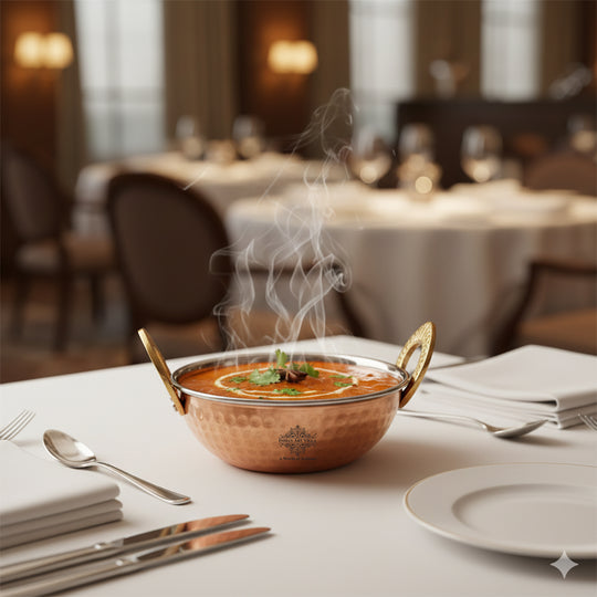 Steel Copper Hammered Design Kadhai - Elegant Serveware with Brass Handles