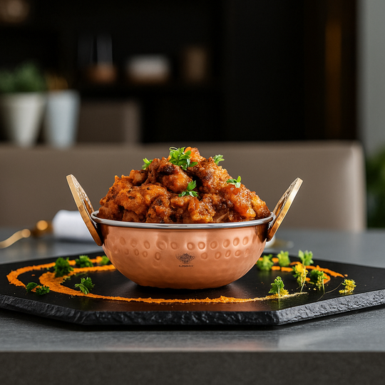 Steel Copper Hammered Design Kadhai - Elegant Serveware with Brass Handles