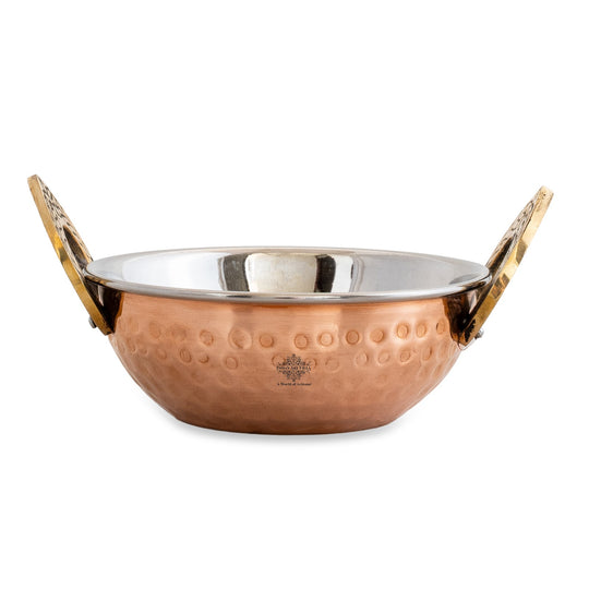 Steel Copper Hammered Design Kadhai - Elegant Serveware with Brass Handles
