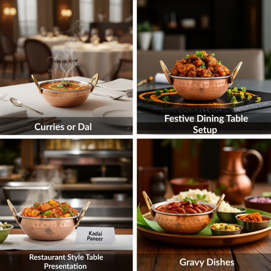 Steel Copper Hammered Design Kadhai - Elegant Serveware with Brass Handles