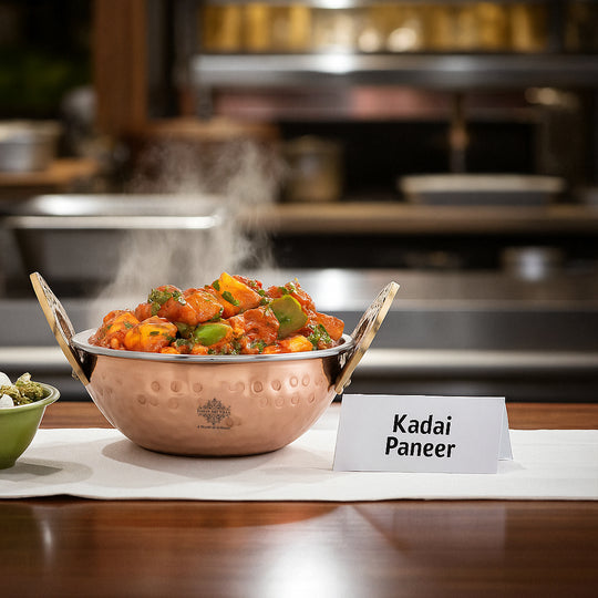 Traditional steel copper hammered kadhai with brass handles from Indian Art Villa