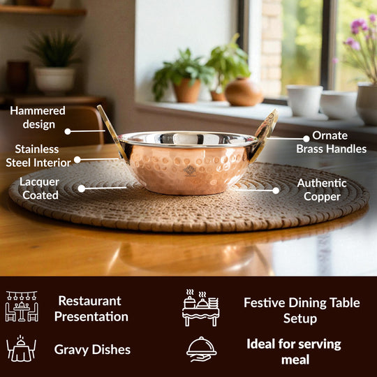 Steel Copper Hammered Design Kadhai - Elegant Serveware with Brass Handles